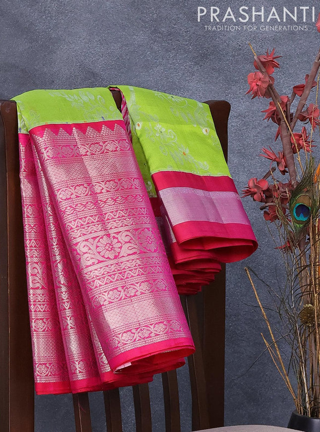 Kuppadam silk cotton saree light green and pink with allover silver zari woven brocade weaves and long silver zari woven border - {{ collection.title }} by Prashanti Sarees