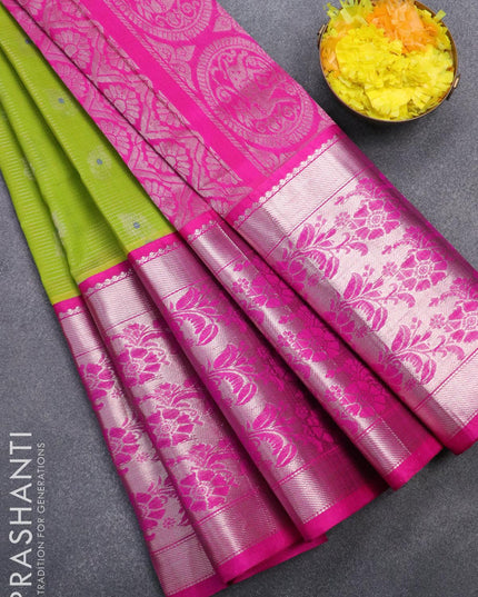 Kuppadam silk cotton saree light green and pink with allover vairosi pattern & silver zari buttas and long floral design silver zari woven border - {{ collection.title }} by Prashanti Sarees