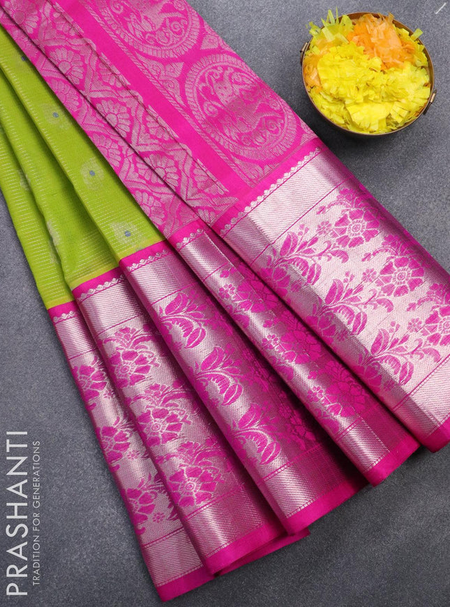Kuppadam silk cotton saree light green and pink with allover vairosi pattern & silver zari buttas and long floral design silver zari woven border - {{ collection.title }} by Prashanti Sarees