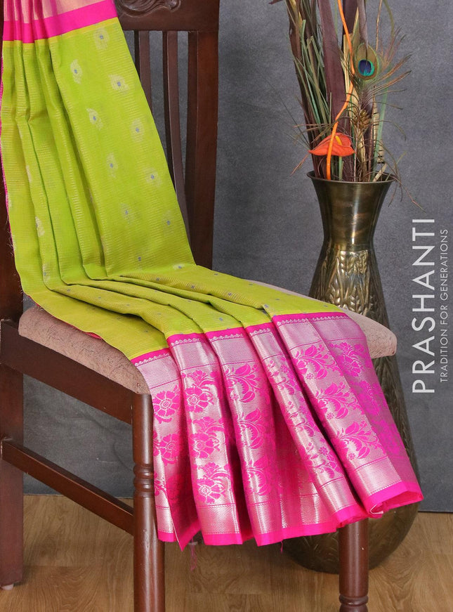 Kuppadam silk cotton saree light green and pink with allover vairosi pattern & silver zari buttas and long floral design silver zari woven border - {{ collection.title }} by Prashanti Sarees