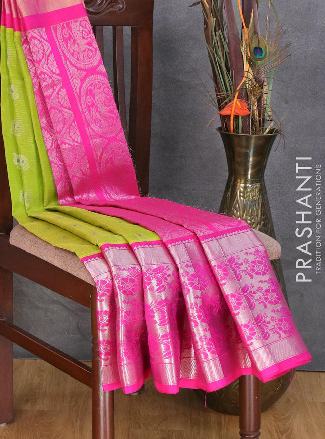 Kuppadam silk cotton saree light green and pink with allover vairosi pattern & silver zari buttas and long floral design silver zari woven border - {{ collection.title }} by Prashanti Sarees