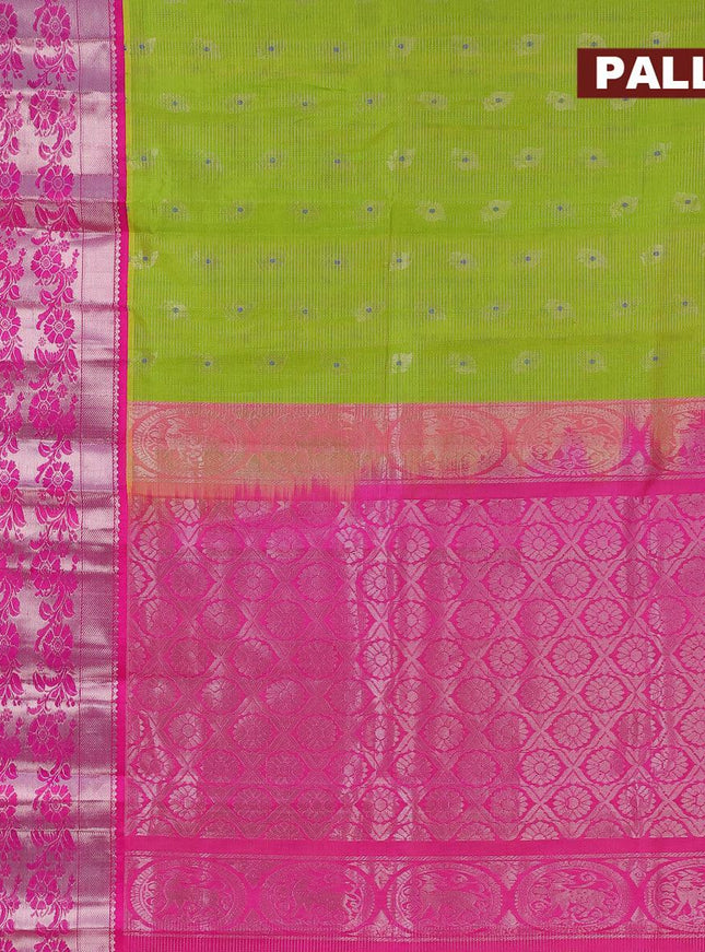 Kuppadam silk cotton saree light green and pink with allover vairosi pattern & silver zari buttas and long floral design silver zari woven border - {{ collection.title }} by Prashanti Sarees