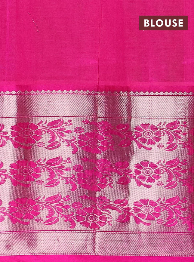 Kuppadam silk cotton saree light green and pink with allover vairosi pattern & silver zari buttas and long floral design silver zari woven border - {{ collection.title }} by Prashanti Sarees