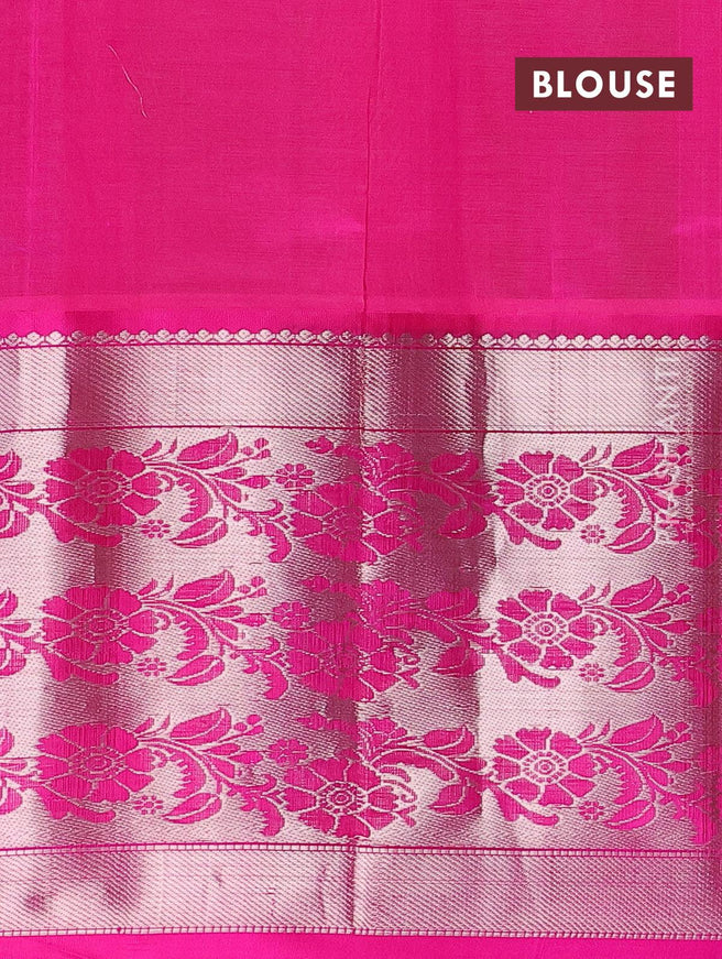 Kuppadam silk cotton saree light green and pink with allover vairosi pattern & silver zari buttas and long floral design silver zari woven border - {{ collection.title }} by Prashanti Sarees