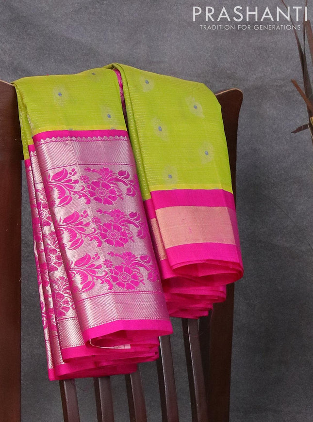 Kuppadam silk cotton saree light green and pink with allover vairosi pattern & silver zari buttas and long floral design silver zari woven border - {{ collection.title }} by Prashanti Sarees