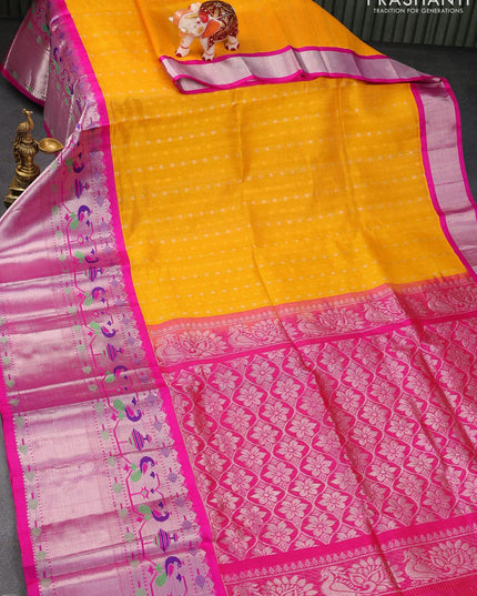 Kuppadam silk cotton saree mango yellow and pink with allover small zari checks & buttas and long rich peacock design zari woven border - {{ collection.title }} by Prashanti Sarees