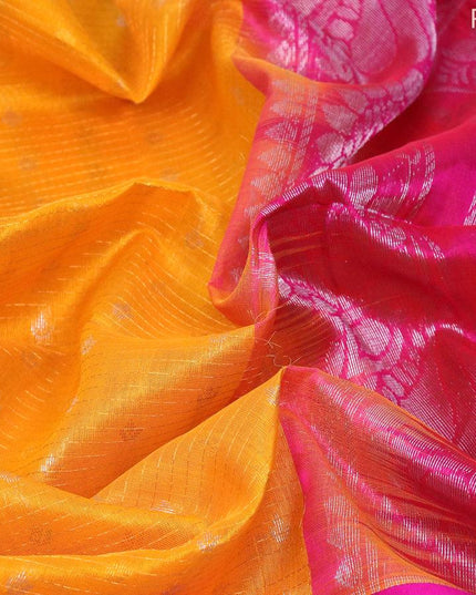 Kuppadam silk cotton saree mango yellow and pink with allover small zari checks & buttas and long rich peacock design zari woven border - {{ collection.title }} by Prashanti Sarees