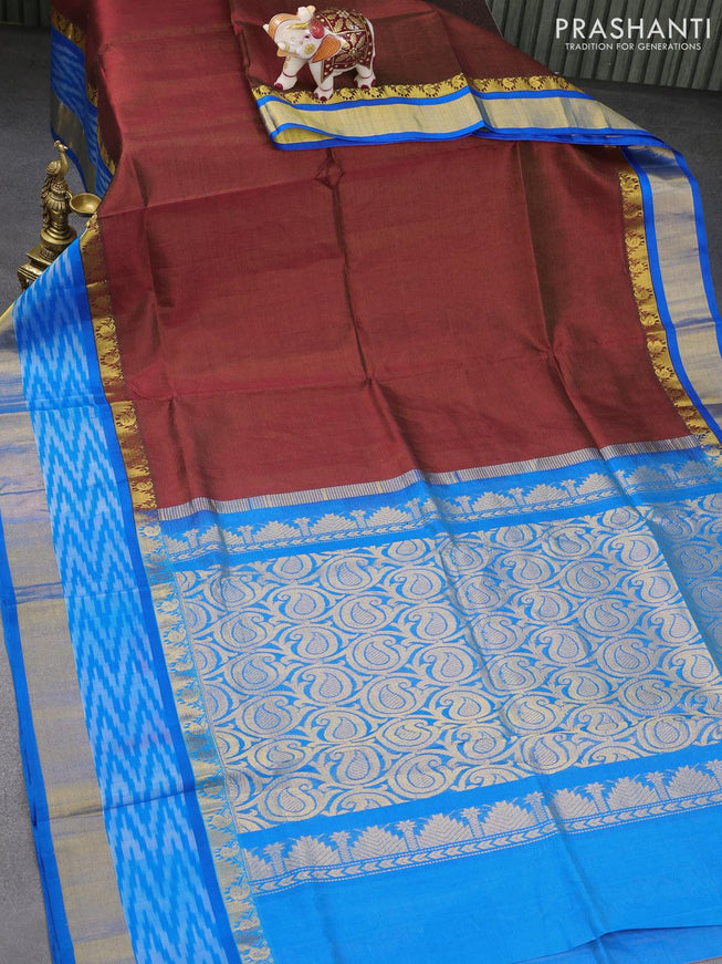 Kuppadam silk cotton saree maroon and cs blue with allover vairaosi pattern and temple design zari woven ikat border - {{ collection.title }} by Prashanti Sarees