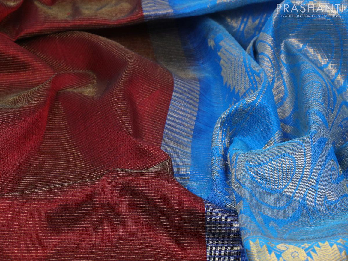 Kuppadam silk cotton saree maroon and cs blue with allover vairaosi pattern and temple design zari woven ikat border - {{ collection.title }} by Prashanti Sarees
