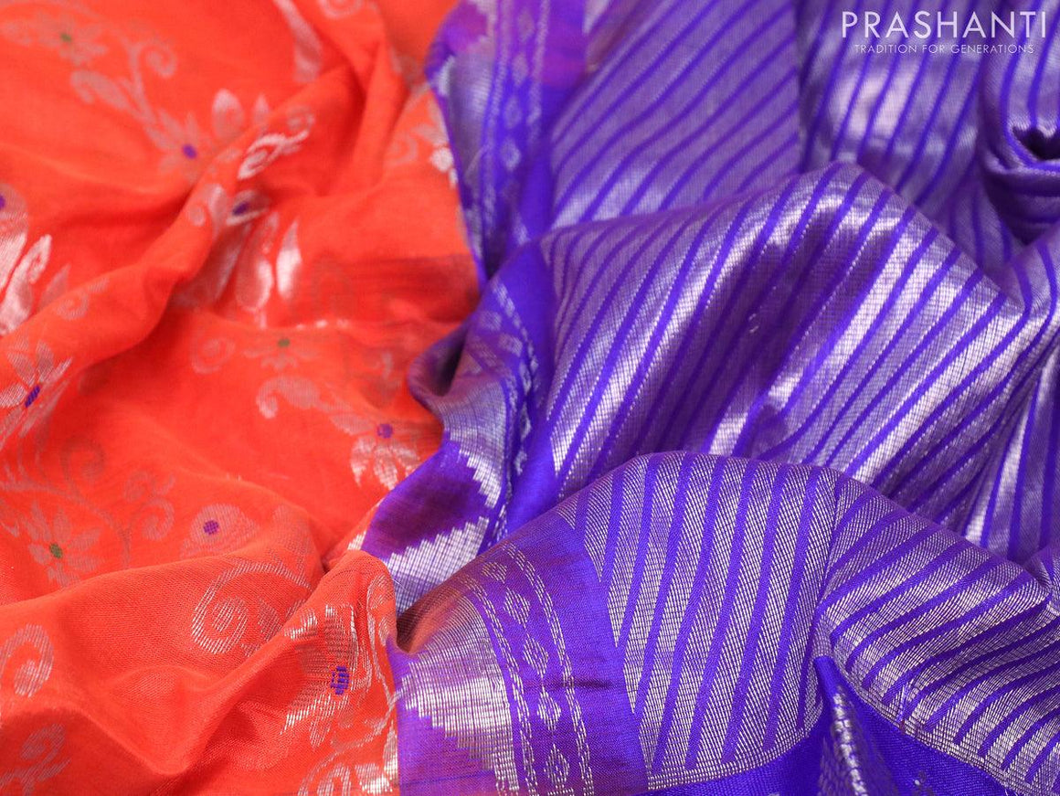 Kuppadam silk cotton saree orange and blue with allover silver zari weaves and long rich silver zari woven border - {{ collection.title }} by Prashanti Sarees