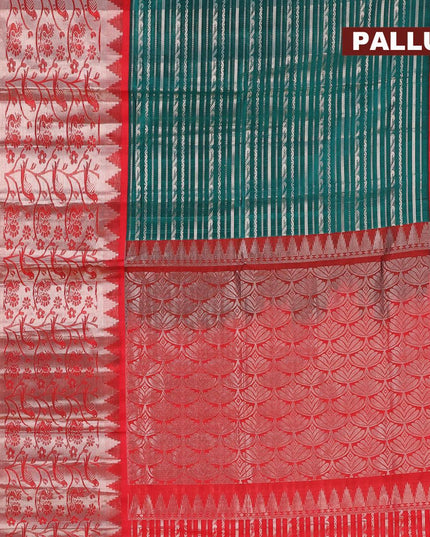 Kuppadam silk cotton saree peacock green and red with allover silver zari stripe weaves and long parrot & annam design silver zari woven border - {{ collection.title }} by Prashanti Sarees