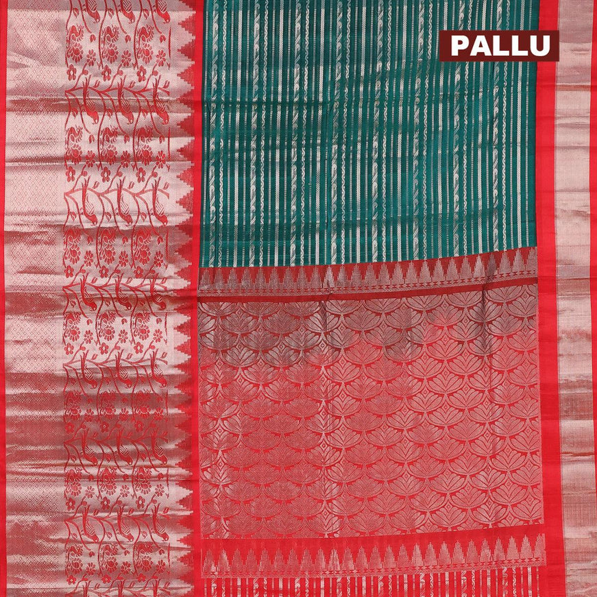 Kuppadam silk cotton saree peacock green and red with allover silver zari stripe weaves and long parrot & annam design silver zari woven border - {{ collection.title }} by Prashanti Sarees