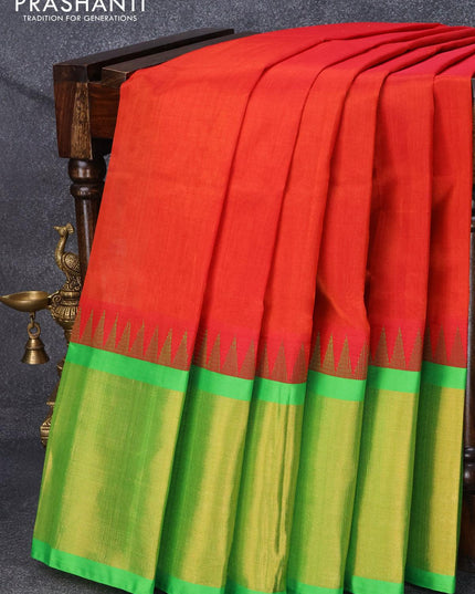 Kuppadam silk cotton saree rustic orange and light green with plain body and temple design long zari woven border - {{ collection.title }} by Prashanti Sarees