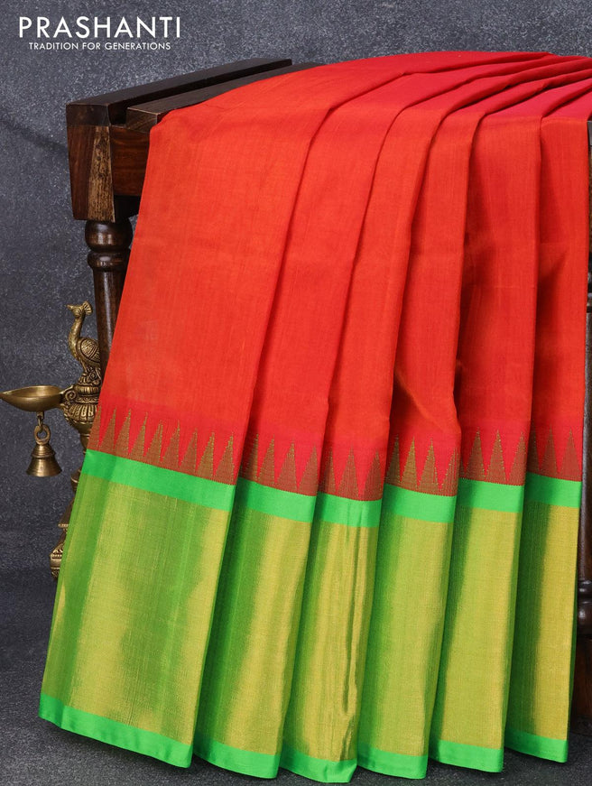 Kuppadam silk cotton saree rustic orange and light green with plain body and temple design long zari woven border - {{ collection.title }} by Prashanti Sarees