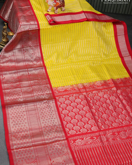 Kuppadam silk cotton saree yellow and red with allover silver zari weaves and long rich silver zari woven border - {{ collection.title }} by Prashanti Sarees