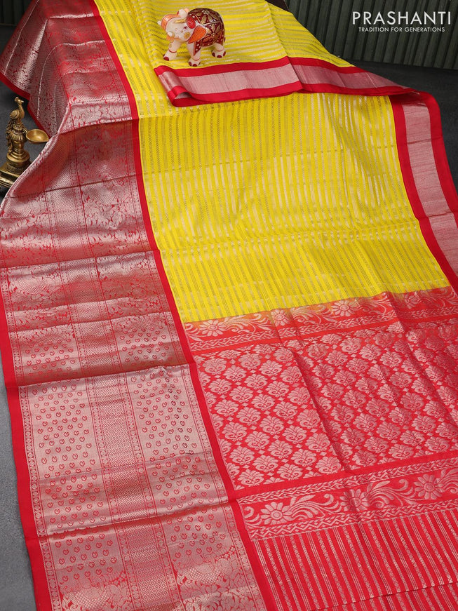 Kuppadam silk cotton saree yellow and red with allover silver zari weaves and long rich silver zari woven border - {{ collection.title }} by Prashanti Sarees