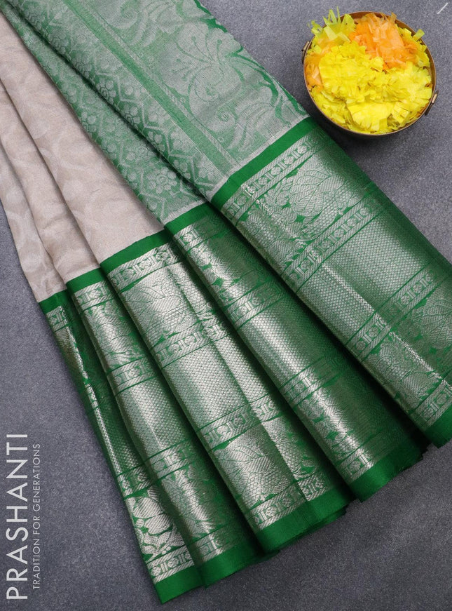 Kuppadam tissue silk cotton saree grey and dark green with allover silver zari woven brocade weaves and long annam & floral silver zari woven border - {{ collection.title }} by Prashanti Sarees