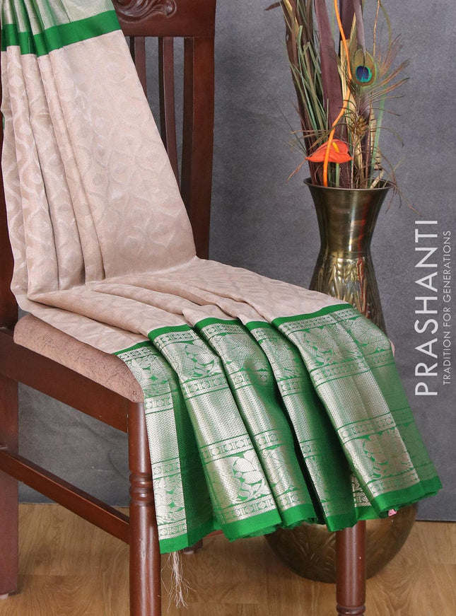 Kuppadam tissue silk cotton saree grey and dark green with allover silver zari woven brocade weaves and long annam & floral silver zari woven border - {{ collection.title }} by Prashanti Sarees
