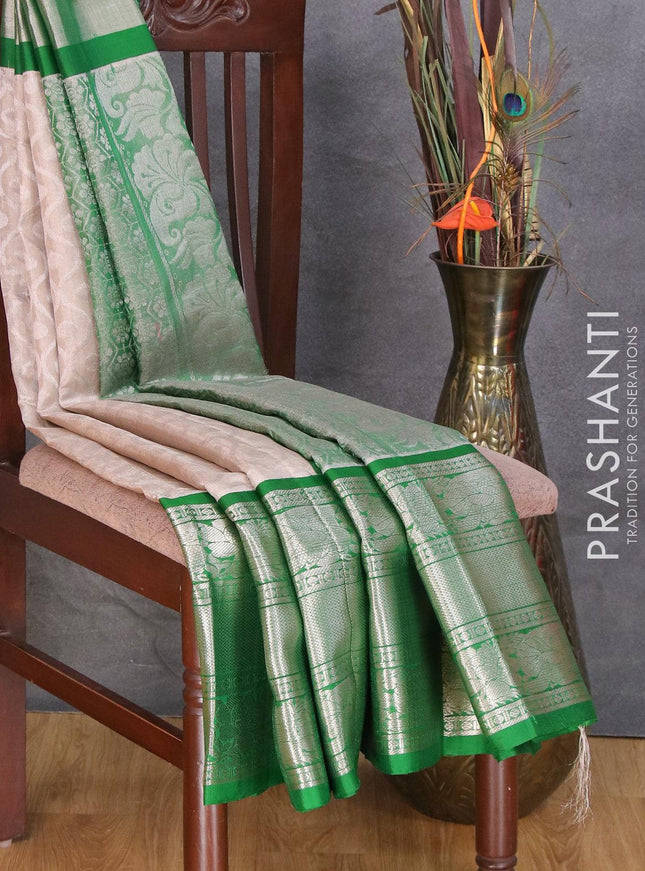 Kuppadam tissue silk cotton saree grey and dark green with allover silver zari woven brocade weaves and long annam & floral silver zari woven border - {{ collection.title }} by Prashanti Sarees
