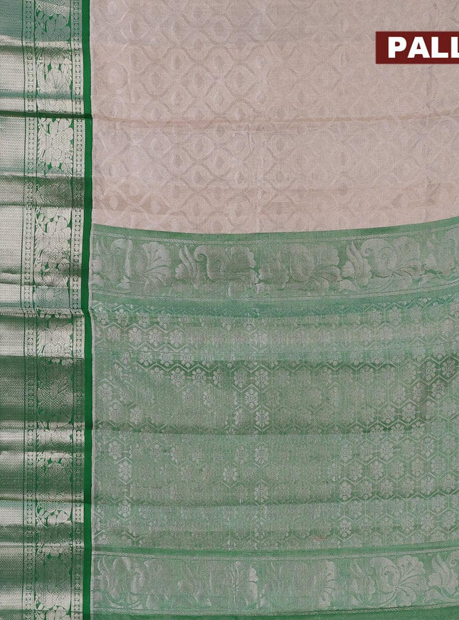 Kuppadam tissue silk cotton saree grey and dark green with allover silver zari woven brocade weaves and long annam & floral silver zari woven border - {{ collection.title }} by Prashanti Sarees
