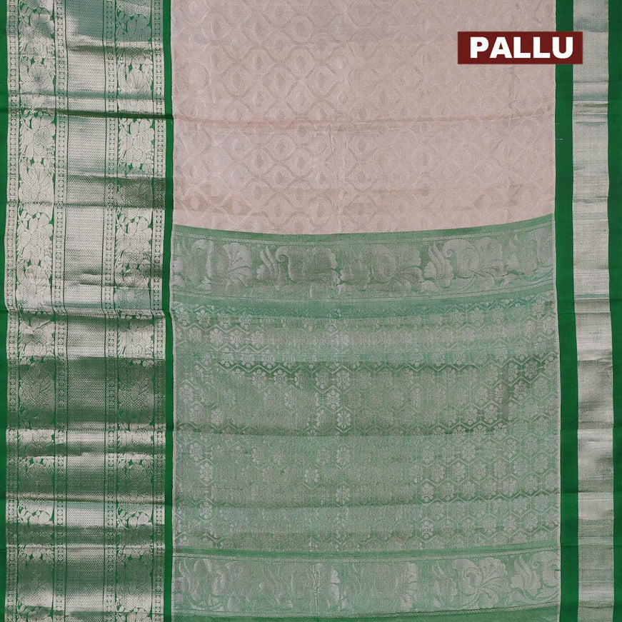 Kuppadam tissue silk cotton saree grey and dark green with allover silver zari woven brocade weaves and long annam & floral silver zari woven border - {{ collection.title }} by Prashanti Sarees