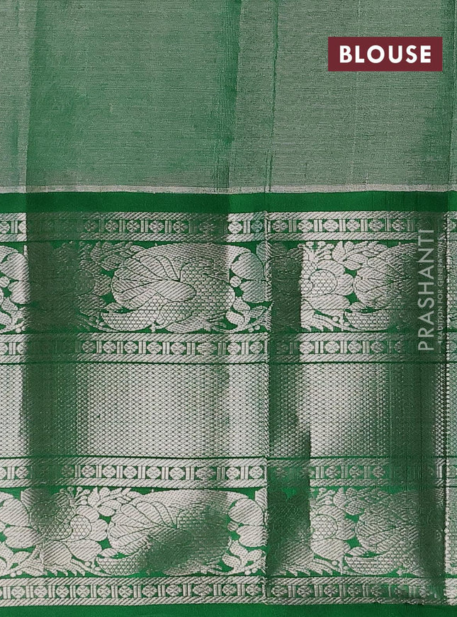 Kuppadam tissue silk cotton saree grey and dark green with allover silver zari woven brocade weaves and long annam & floral silver zari woven border - {{ collection.title }} by Prashanti Sarees