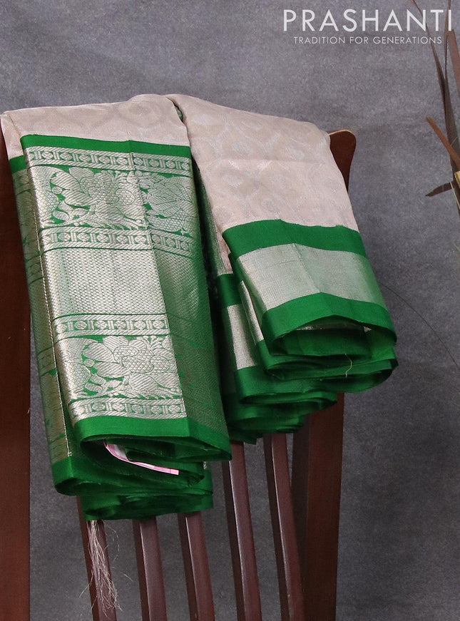 Kuppadam tissue silk cotton saree grey and dark green with allover silver zari woven brocade weaves and long annam & floral silver zari woven border - {{ collection.title }} by Prashanti Sarees