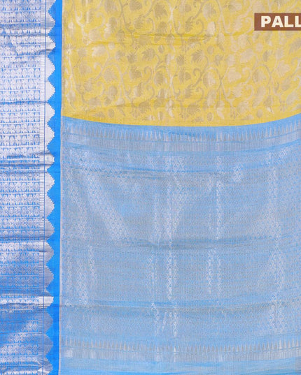 Kuppadam tissue silk cotton saree lime green and cs blue with allover silver zari woven brocade weaves and long temple design silver zari checked border - {{ collection.title }} by Prashanti Sarees