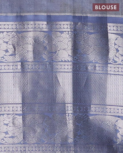 Kuppadam tissue silk cotton saree lime green and grey with allover silver zari woven brocade weaves and long annam & floral silver zari woven border - {{ collection.title }} by Prashanti Sarees