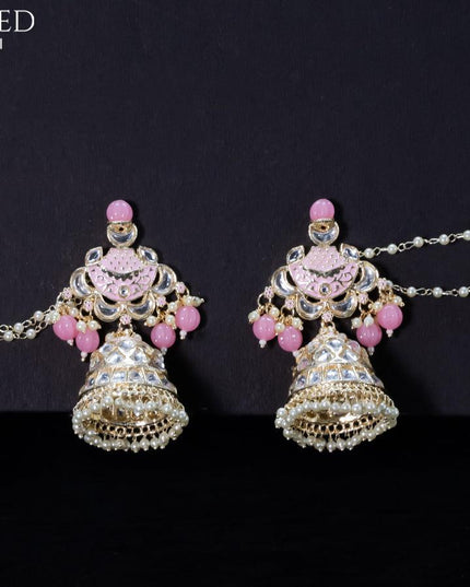 Light weight baby pink jhumkas with kundan stones and pearl maatal - {{ collection.title }} by Prashanti Sarees