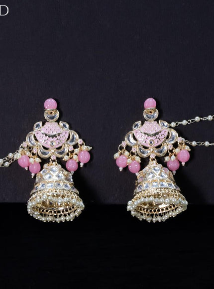 Light weight baby pink jhumkas with kundan stones and pearl maatal - {{ collection.title }} by Prashanti Sarees