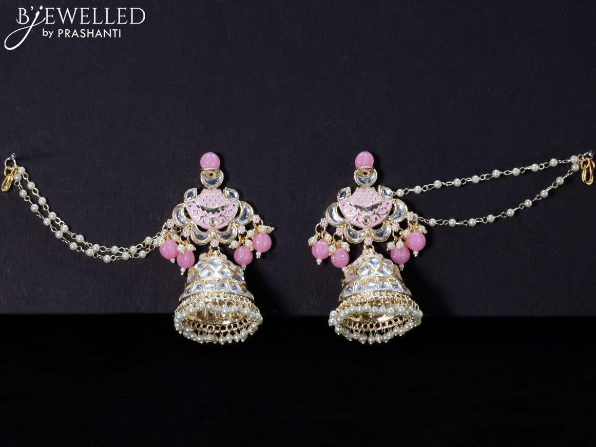 Light weight baby pink jhumkas with kundan stones and pearl maatal - {{ collection.title }} by Prashanti Sarees