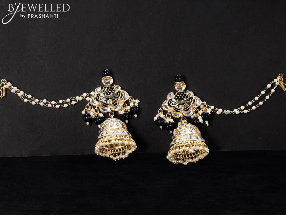 Light weight black jhumkas with kundan stones and pearl maatal - {{ collection.title }} by Prashanti Sarees