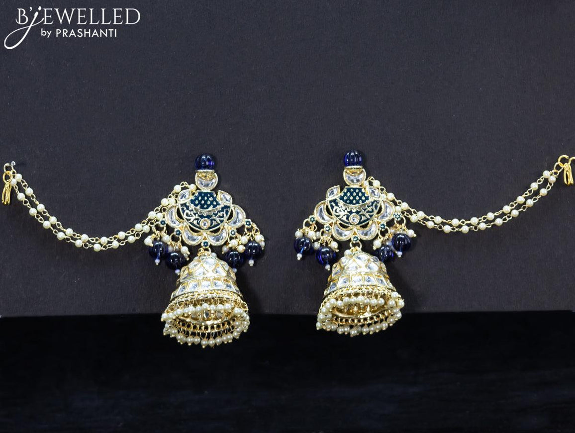 Light weight blue jhumkas with kundan stones and pearl maatal - {{ collection.title }} by Prashanti Sarees