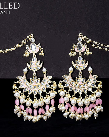 Light weight chandbali baby pink minakari earrings with pearl maatal - {{ collection.title }} by Prashanti Sarees