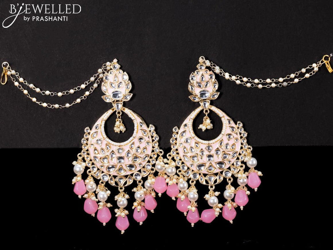 Light weight chandbali baby pink minakari earrings with pearl maatal - {{ collection.title }} by Prashanti Sarees