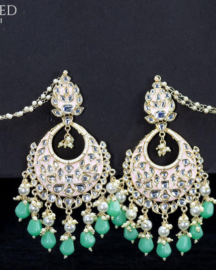 Light weight chandbali baby pink minakari earrings with teal green beads - {{ collection.title }} by Prashanti Sarees