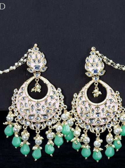 Light weight chandbali baby pink minakari earrings with teal green beads - {{ collection.title }} by Prashanti Sarees