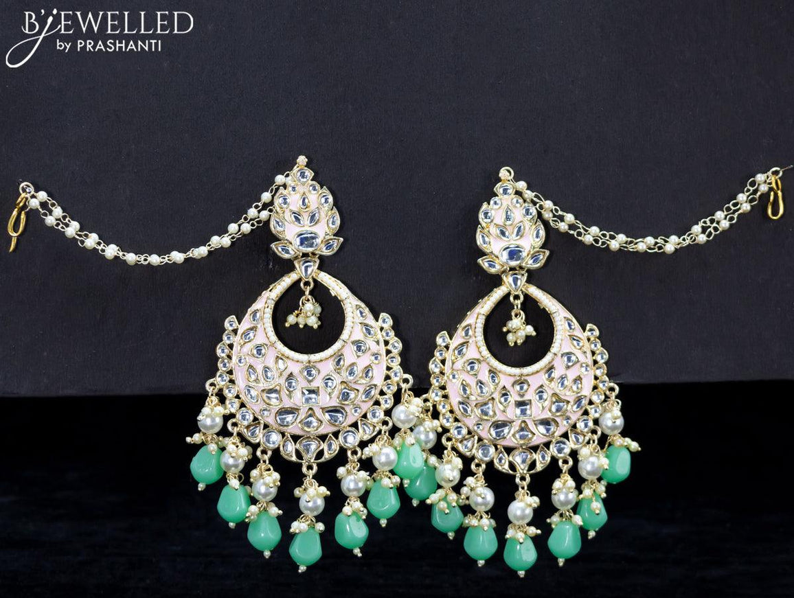 Light weight chandbali baby pink minakari earrings with teal green beads - {{ collection.title }} by Prashanti Sarees