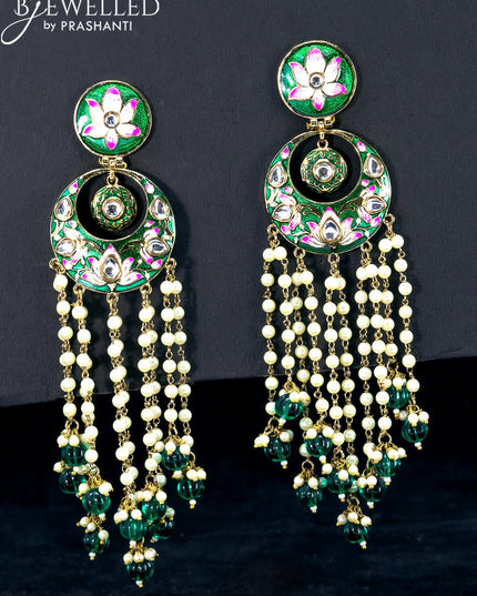 Light weight chandbali green minakari earrings with pearl and beads hangings - {{ collection.title }} by Prashanti Sarees