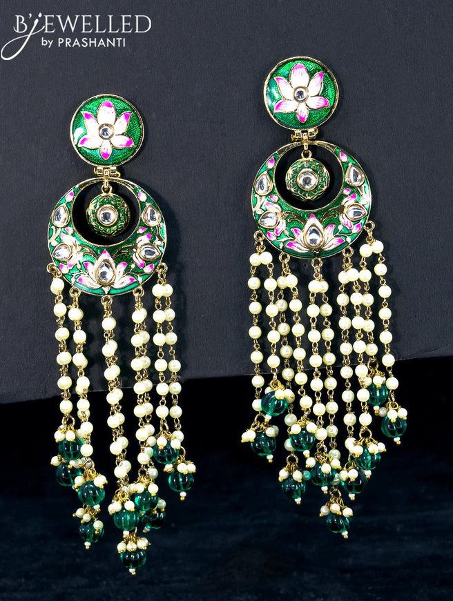 Light weight chandbali green minakari earrings with pearl and beads hangings - {{ collection.title }} by Prashanti Sarees