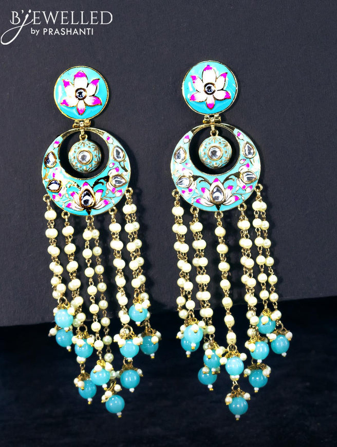 Light weight chandbali light blue minakari earrings with pearl and beads hangings - {{ collection.title }} by Prashanti Sarees