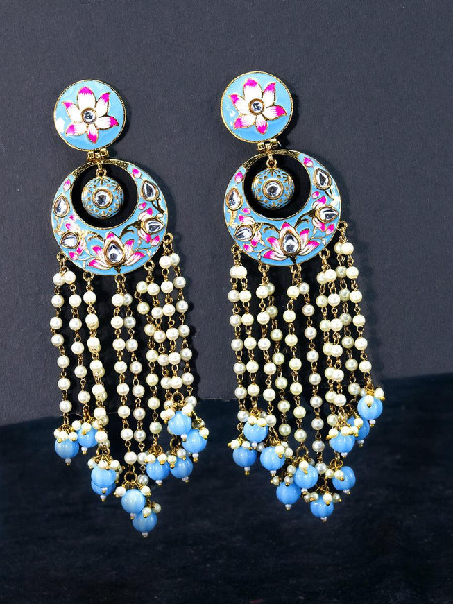 Light weight chandbali light blue minakari earrings with pearl and beads hangings - {{ collection.title }} by Prashanti Sarees