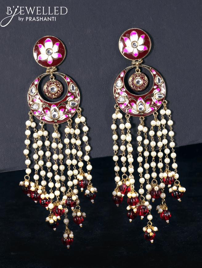 Light weight chandbali maroon minakari earrings with pearl and beads hangings - {{ collection.title }} by Prashanti Sarees
