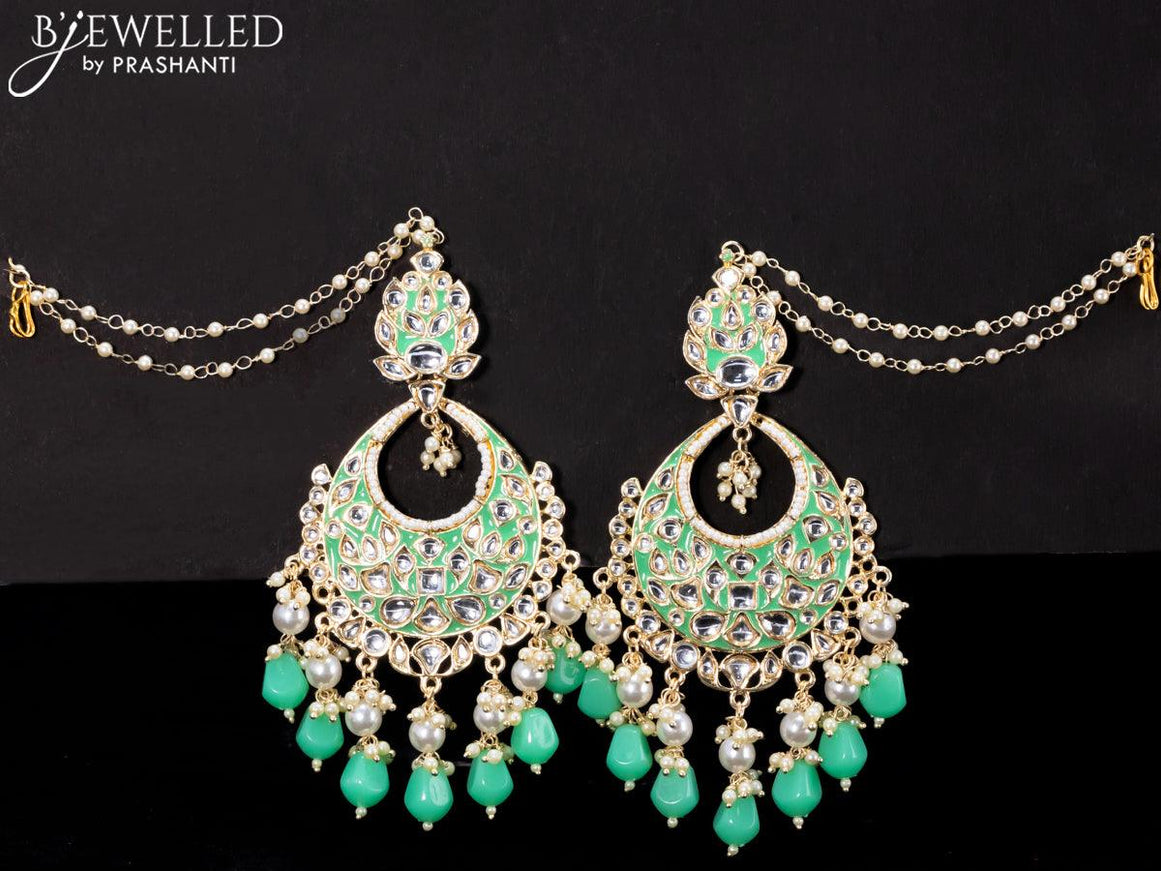 Light weight chandbali mint green minakari earrings with pearl maatal - {{ collection.title }} by Prashanti Sarees