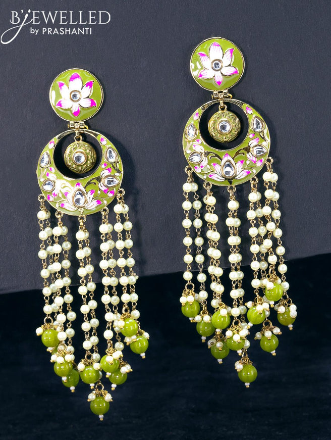 Light weight chandbali olive green minakari earrings with pearl and beads hangings - {{ collection.title }} by Prashanti Sarees