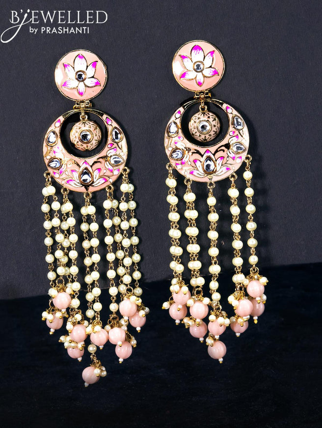 Light weight chandbali peach minakari earrings with pearl and beads hangings - {{ collection.title }} by Prashanti Sarees