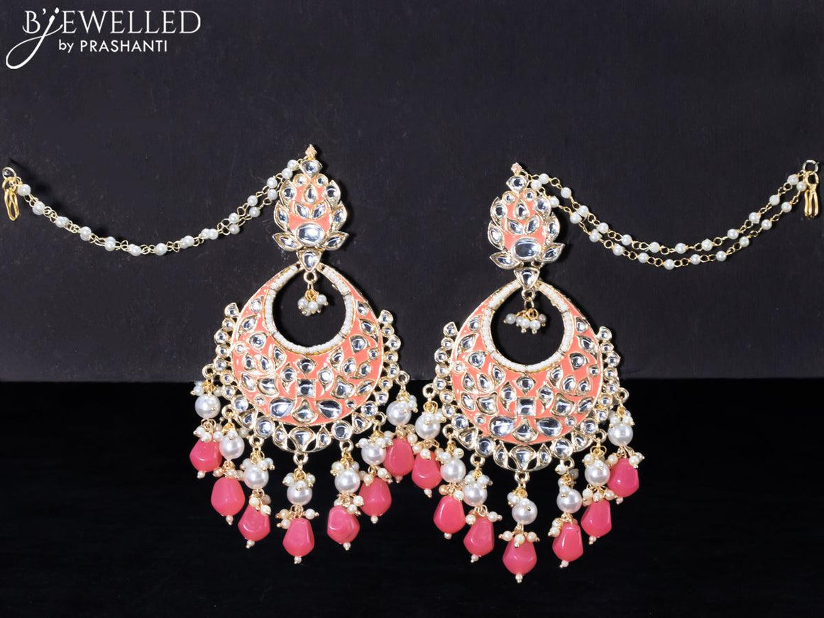 Light weight chandbali peach pink minakari earrings with pearl maatal - {{ collection.title }} by Prashanti Sarees