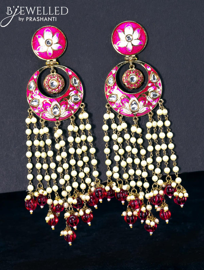 Light weight chandbali pink minakari earrings with pearl and beads hangings - {{ collection.title }} by Prashanti Sarees