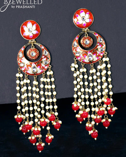 Light weight chandbali red minakari earrings with pearl and beads hangings - {{ collection.title }} by Prashanti Sarees